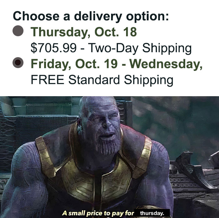 Thanos meme about shipping on Friday from reddit