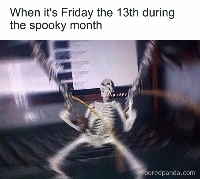 Skeleton holding a sword with caption "Friday the 13th during spooky month"