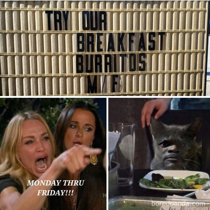 A woman holding a sign that says "Try our breakfast burritos" on a Friday meme.