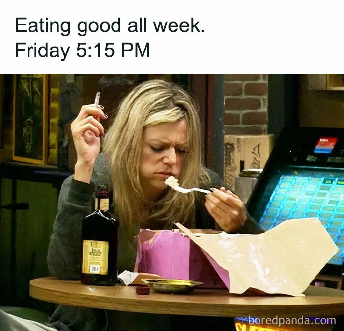 A woman is eating junk food on Friday.