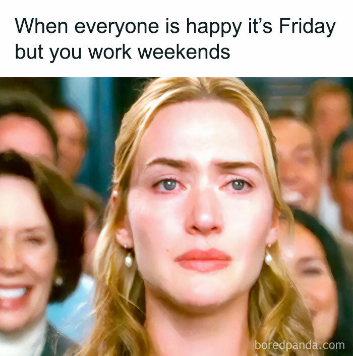A Friday meme showing people happy, but one person looking sad because they work weekends.