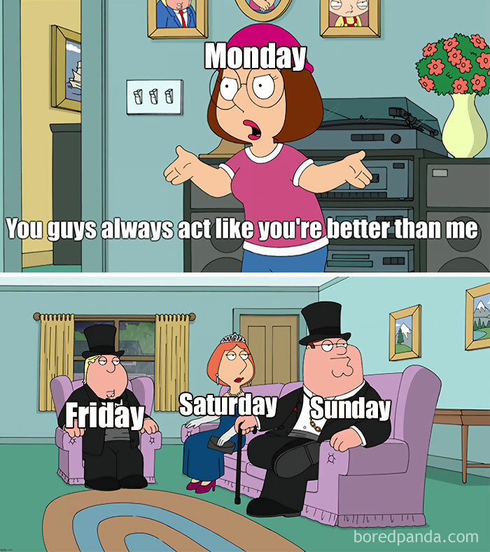"Family guy" characters arguing about the weekend