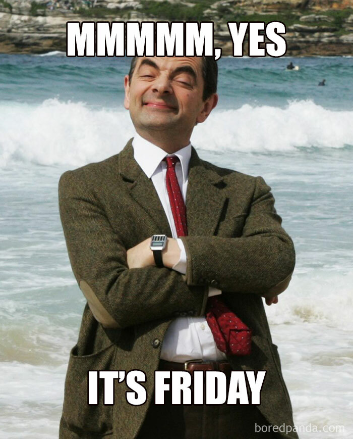 Happy Mr.Bean near the ocean on Friday.