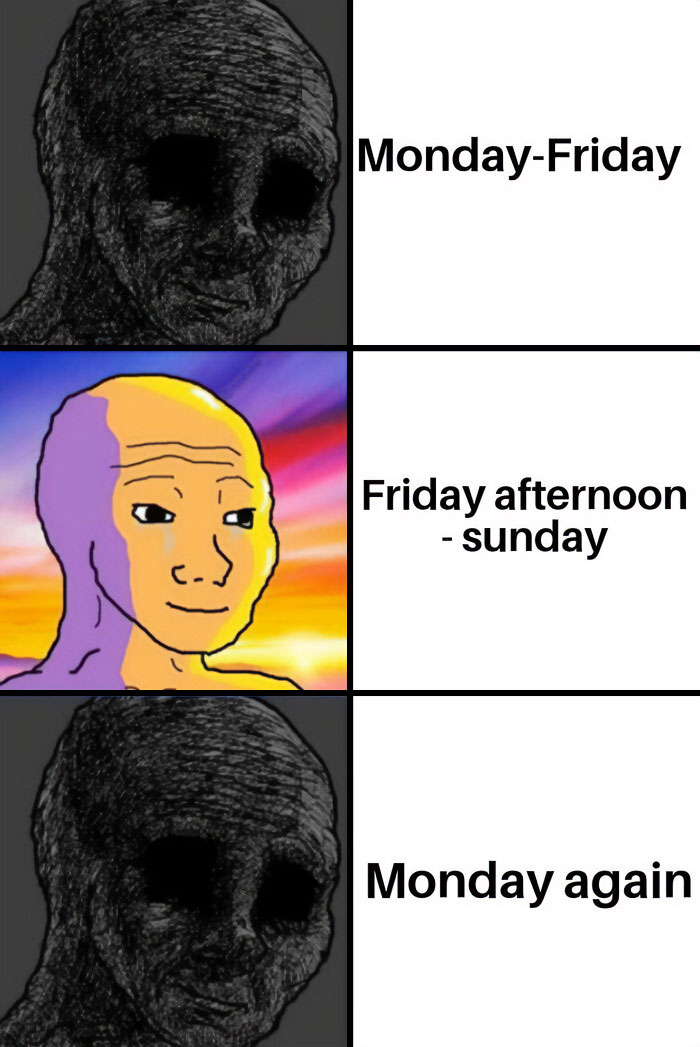 Friday meme with different text, showing how fast the weekend went by