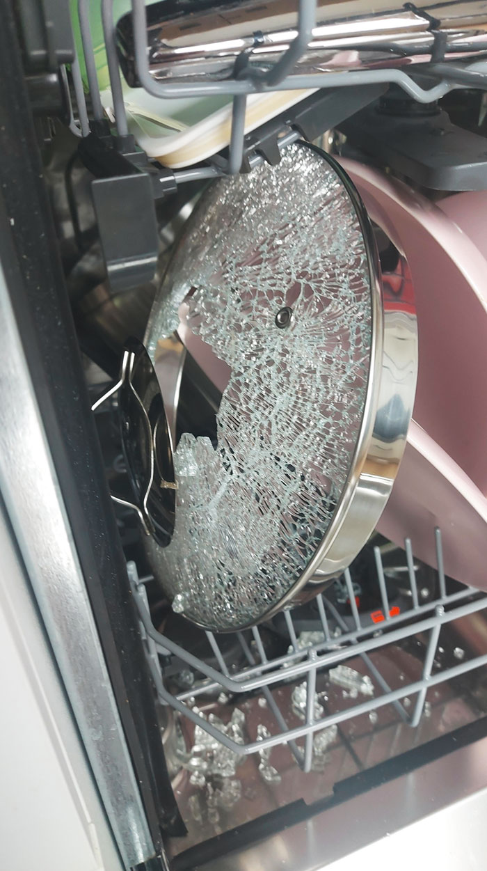 A Pot Lid Shattered. Cleaned It And Got Stabbed. Let's Hope The Dishwasher Is Okay