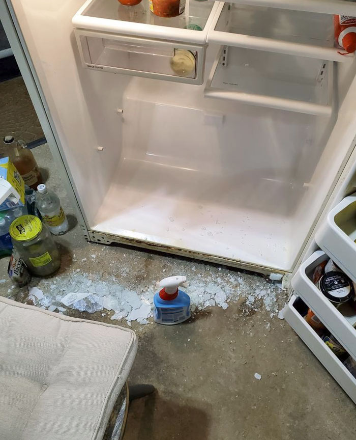 Finally Got Around To A Much Needed Deep Clean Of The Garage Fridge. The Large Glass Bottom Piece Exploded All Over The Place While I Was Cleaning It