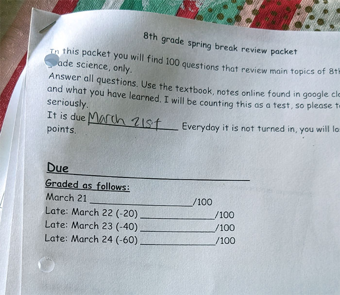 My Kid's Science Teacher Assigned An 82-Question Packet To Be Done Over Spring Break