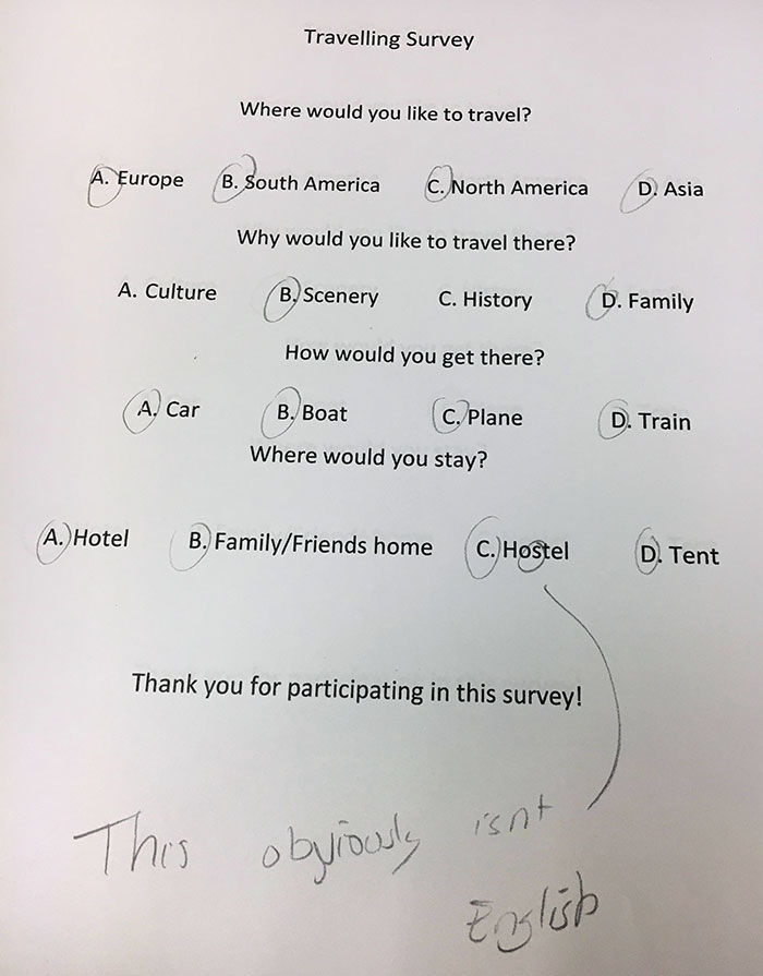 I Had To Do A Survey For Math And Made It As Simple As Humanly Possible, But According To The English Professor, Hostel Isn't A Word