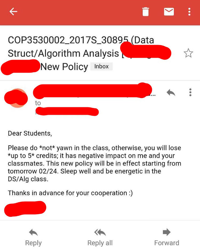We Are No Longer Allowed To Yawn In My College Course, With Points Off Our Grade As Punishment
