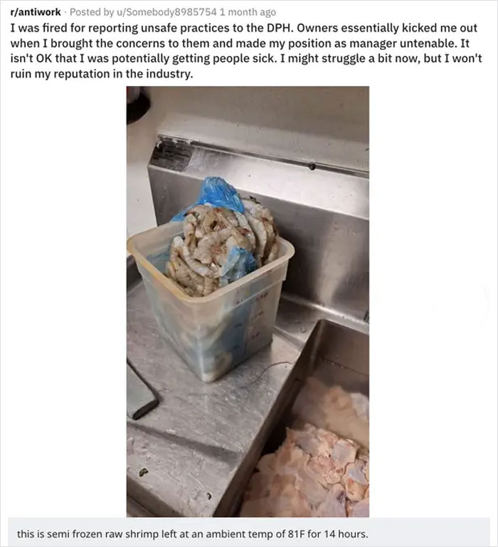 I Was Fired For Reporting Unsafe Practices. Shrimp And Chicken Were Left Out At An Ambient Temperature Of 81° F For Over 14 Hours