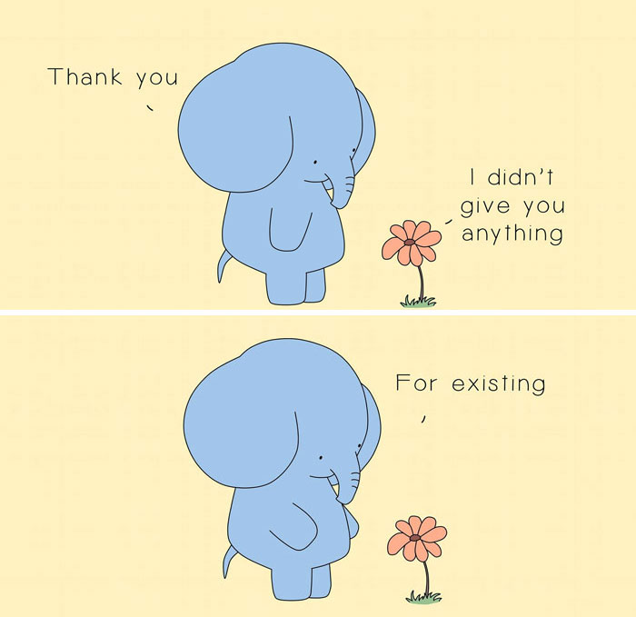 Adorable cartoon elephant thanking a flower for existing.