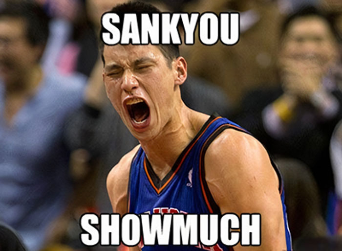 Basketball player Jeremy Lin yelling with the caption "Sankyou Showmuch."