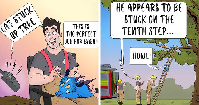 “Tim And Bash”: 15 Comics And Some Videos About A Fun Duo Of A Firefighter And His Pet Dragon