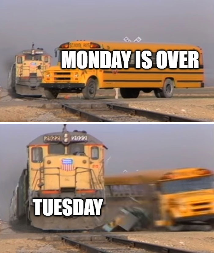 Two pictures of a school bus and a train on the tracks. Train is Tuesday an Bus is Monday
