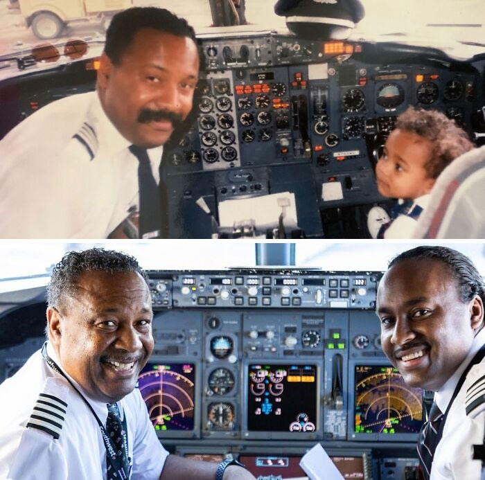 Un niño posa con su padre piloto en un avión. Casi 30 años después recrearon la foto