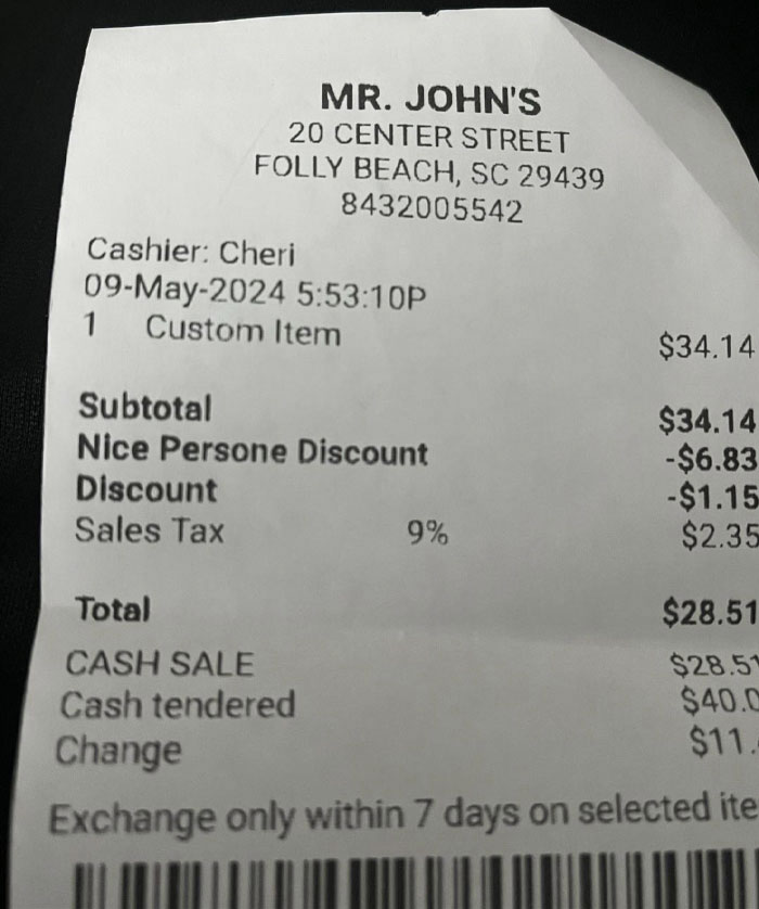 My Son Just Sent This To Me. He Got A Nice Person Discount. How Nice Is That? I've Never Heard Of Any Place Doing That! Shout Out To Mr. John's In Folly Beach, SC