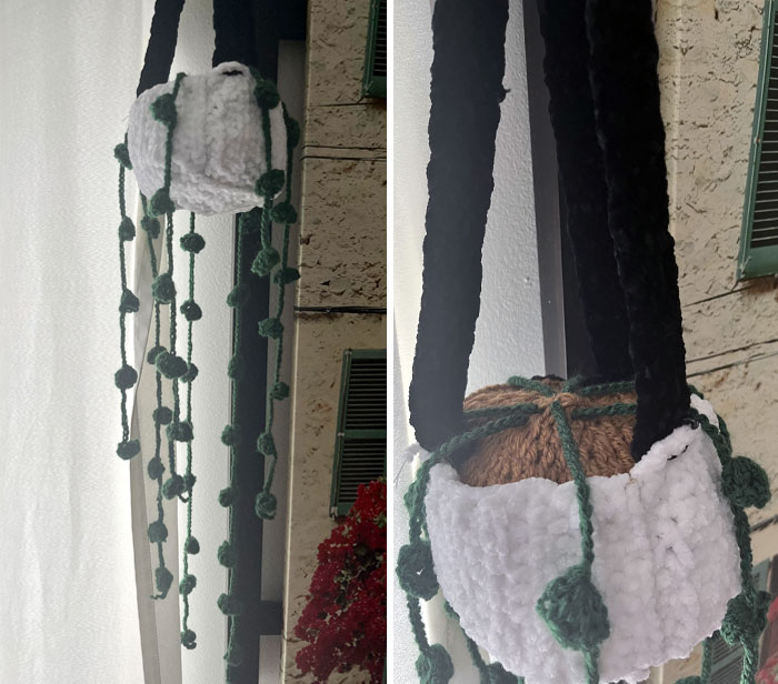 An Early Mother’s Day Gift From My 11-Year-Old. She Has Recently Started Crocheting And Is Loving It. She Made Me A Hanging Planter 