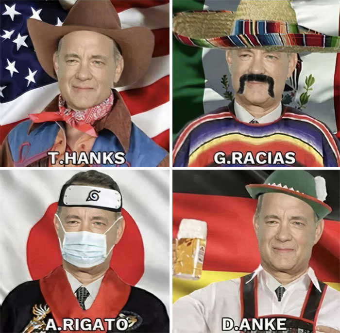 Four-panel image of Tom Hanks dressed in different cultural attire representing various ways to say 'thank you.' The captions are: T.HANKS (American), G.RACIAS (Mexican), A.RIGATO (Japanese), and D.ANKE (German), humorously playing on the actor's name.