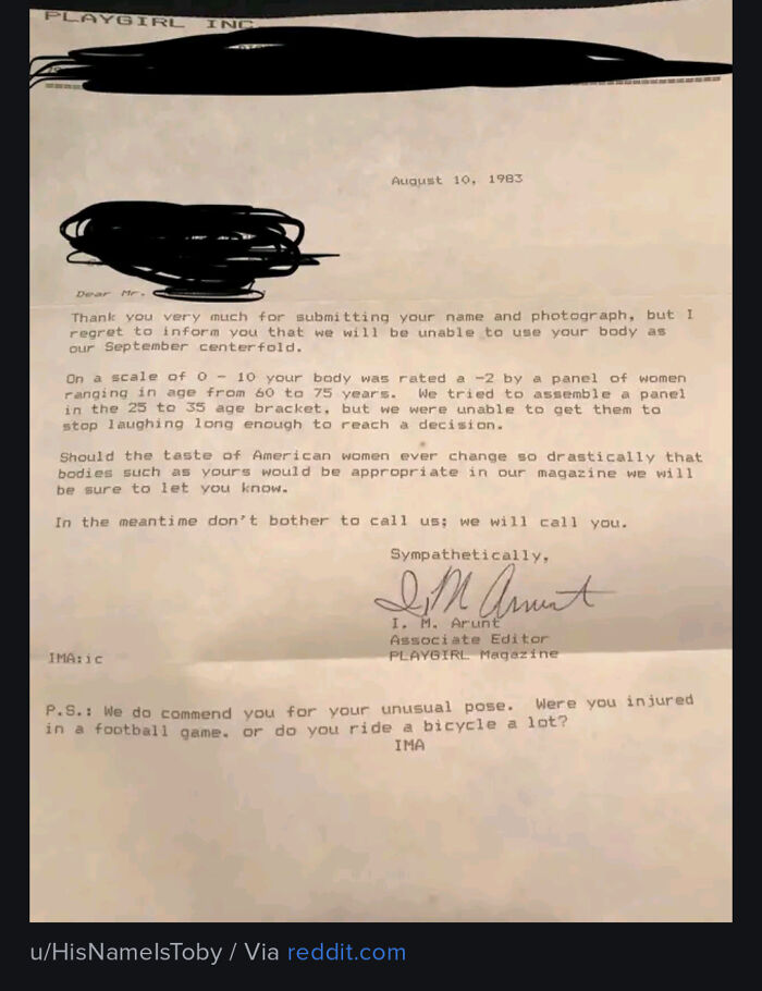 Playgirl Rejection Letter