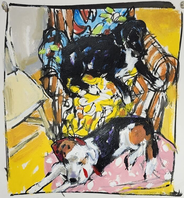 Dogs In The Studio. Acrylic On Paper