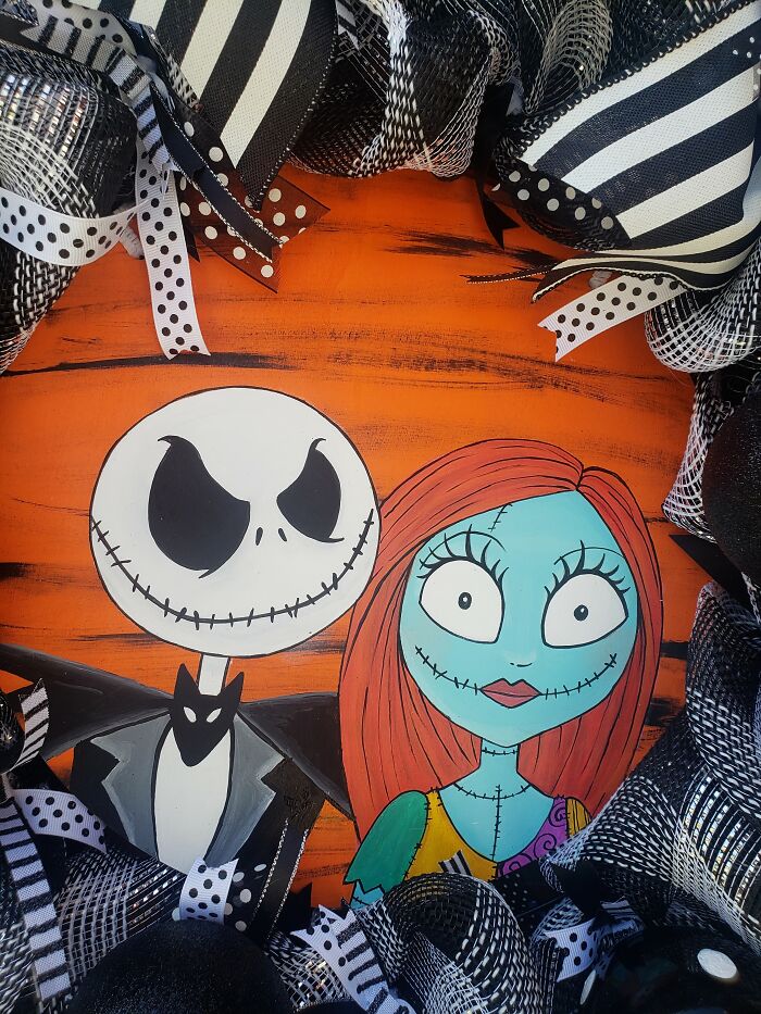 Jack And Sally Skellington Wreath With Interchangeable Signs For Halloween, Christmas And Year Round