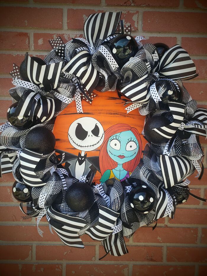 Jack And Sally Skellington Wreath With Interchangeable Signs For Halloween, Christmas And Year Round