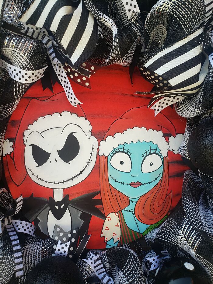 Jack And Sally Skellington Wreath With Interchangeable Signs For Halloween, Christmas And Year Round