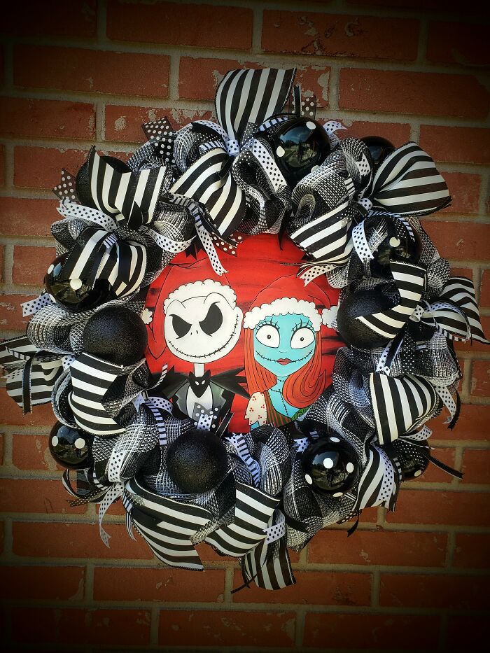 Jack And Sally Skellington Wreath With Interchangeable Signs For Halloween, Christmas And Year Round