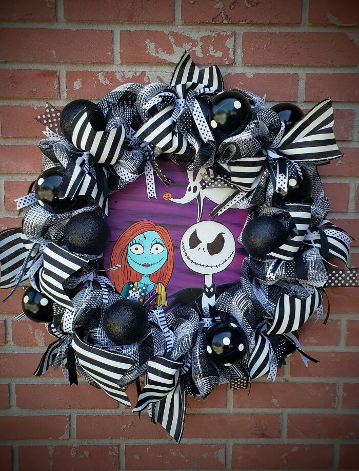 Jack And Sally Skellington Wreath With Interchangeable Signs For Halloween, Christmas And Year Round