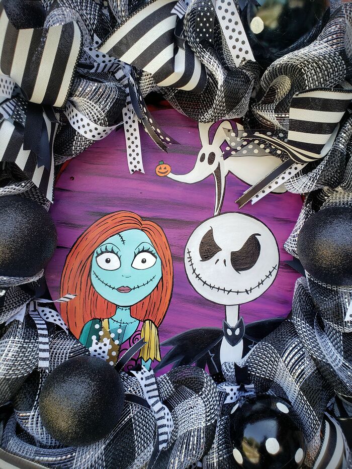 Jack And Sally Skellington Wreath With Interchangeable Signs For Halloween, Christmas And Year Round