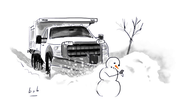 Cartoon shows a snowman playing a trumpet while a snowplow approaches, combining humor and art.