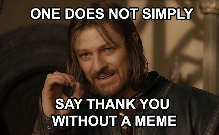 Sean Bean as Boromir from Lord of the Rings with the caption: 'ONE DOES NOT SIMPLY SAY THANK YOU WITHOUT A MEME,' humorously emphasizing the importance of using memes for expressing gratitude.