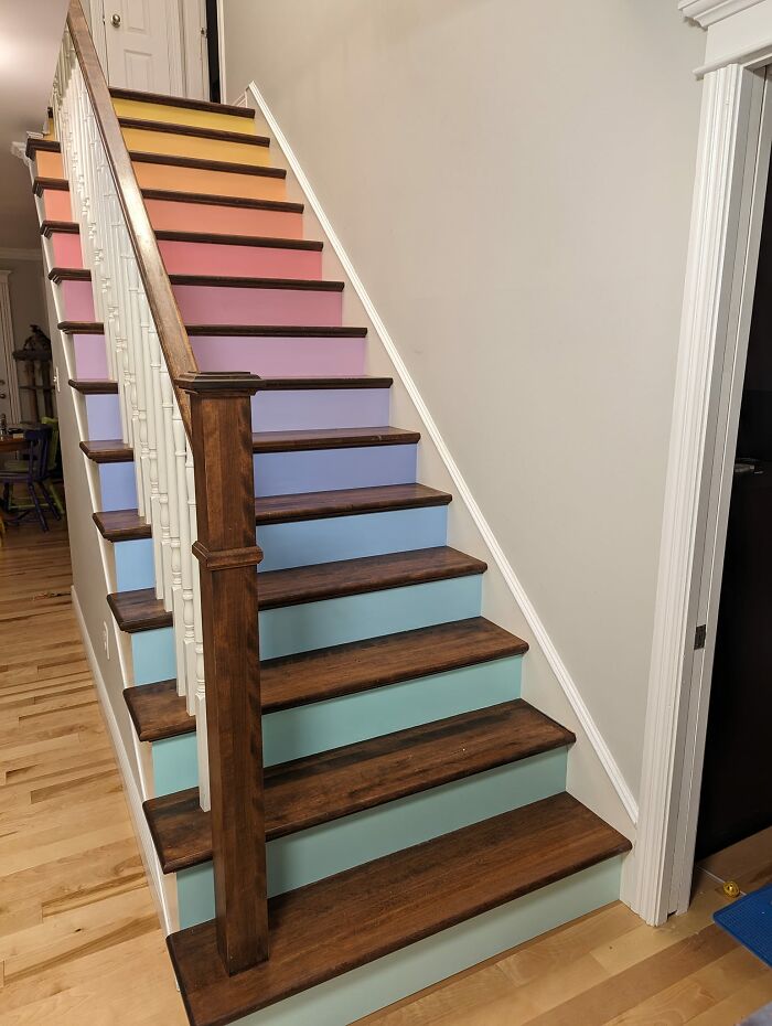 Just Bought A New House And My First Project Was To Paint My Stairs. The Entire House Is Greige And I Couldn't Handle It Any Longer. 🙈 I Stared At Paint Swatches For Nearly Two Months Before Moving In To Get The Shades Right, But I Think I Did Alright. 😂