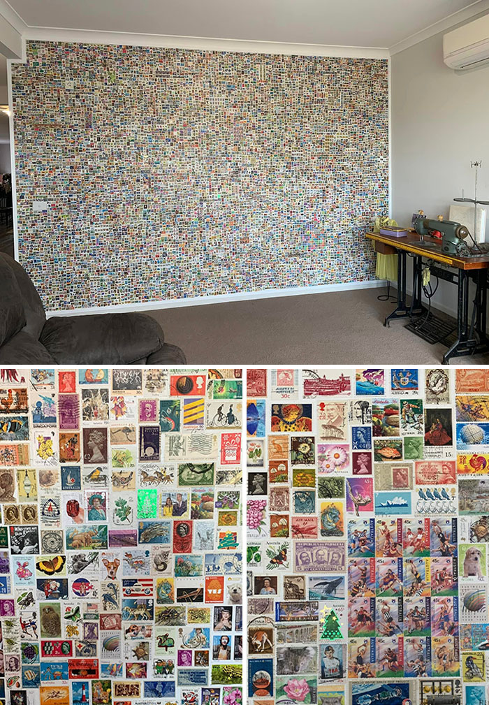 New To This Page. Thought I’d Share My Postage Stamp Feature Wall. 10,734 Stamps From All Over The World, All Stuck One-By-One. A Mixture Of New And Used Stamps. They Are Stuck On A False Wall, Using Water Based Products, We Could Remove The False Wall Or Steam Them Off If We Needed Too. No Real Monetary Value, More Sentimental As I Used To Collect Stamps With My Late Grandfather. It Was Like Doing A Huge Puzzle! Some Of The Stamps Have Embellishments And Shine When The Sun Hit Them. This Colourful Wall Is The First Wall You See When You Enter Our Home. Australia