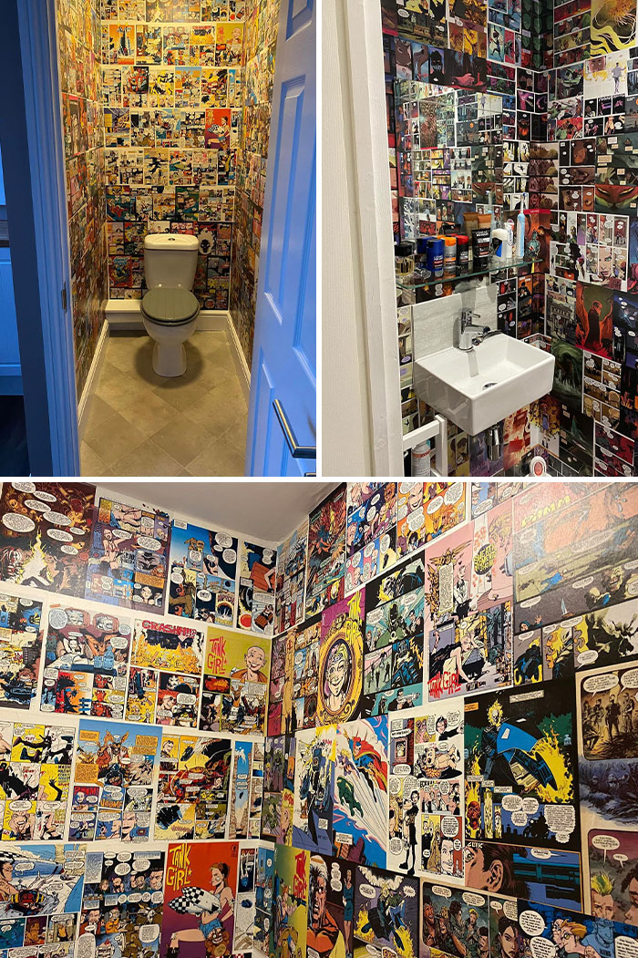 Cómics, páginas seleccionadas a mano pegadas a la pared con cola para papel tapiz y selladas con 4 capas de barniz decorativo