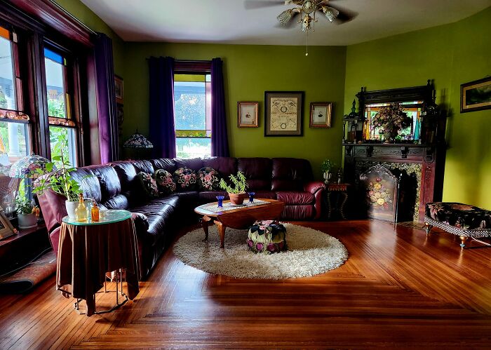 When I Painted My Living Room Crushed Oregano I Was On The Fence Abiut The Color. I Ended Up Loving It With The Dark Plum Accents And The Stained Glass