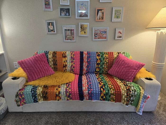 I've Been Looking For A Couch Cover, But Couldn't Find Any That Were Quite Funky Enough. This Weekend I Found This Gorgeous Crochet Blanket At The Thrift For Only $12! My Apartment Is A Work In Progress, But This Is The Perfect Addition