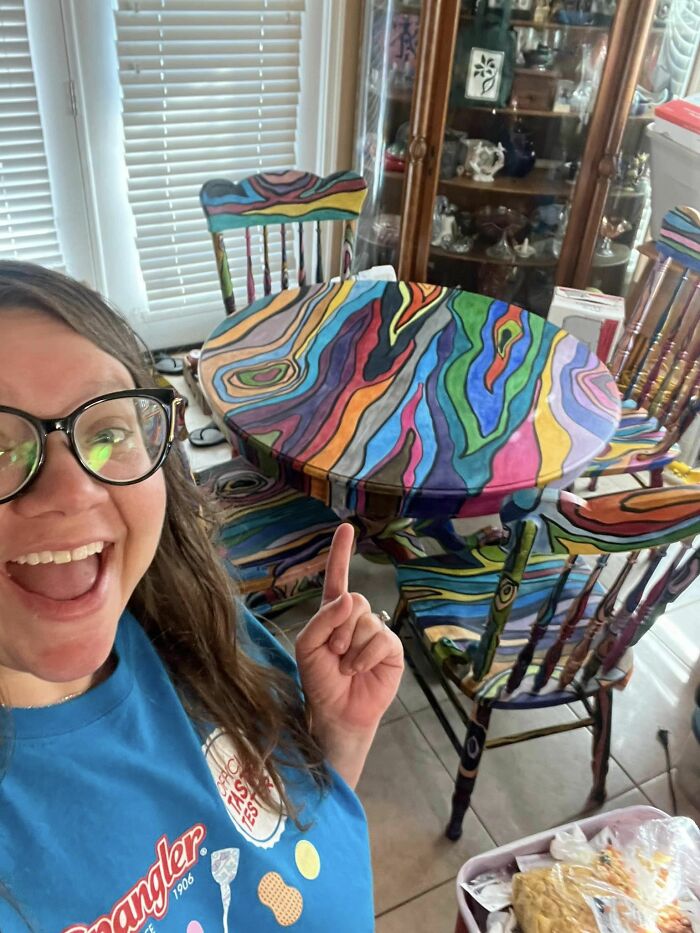 I Did A Thing. Took My Parents Old 1990’s Orangey Wood Colored Kitchen Table And Turned It Into A Faux Rainbow Wood Grain Explosion Of Color For My Kitchen Using Alcohol Ink!!! It Took Longer Than Expected, But I Am Happy With The Results