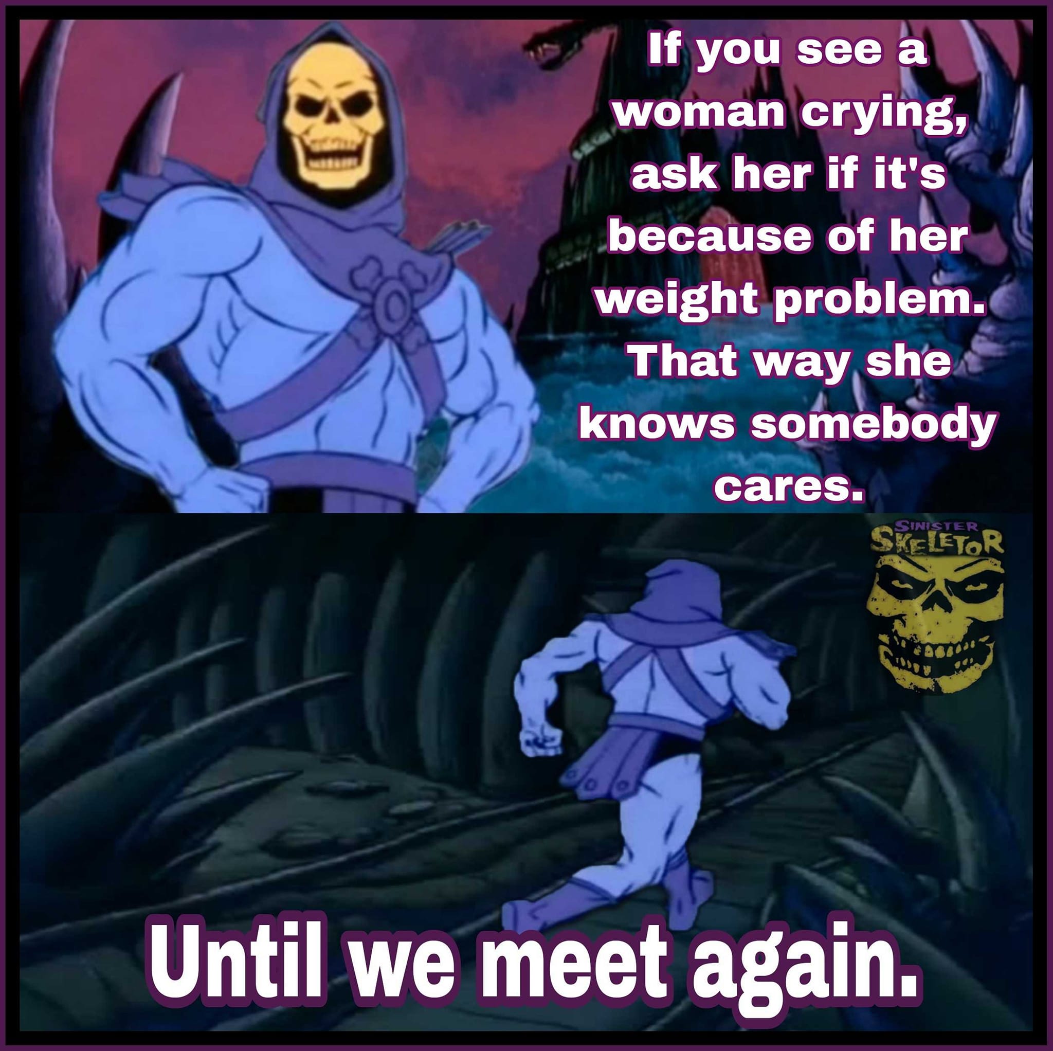 A Skeletor meme featuring two panels. The top panel shows Skeletor with text saying, "If you see a woman crying, ask her if it's because of her weight problem. That way she knows somebody cares." The bottom panel shows Skeletor running away with the text, "Until we meet again."