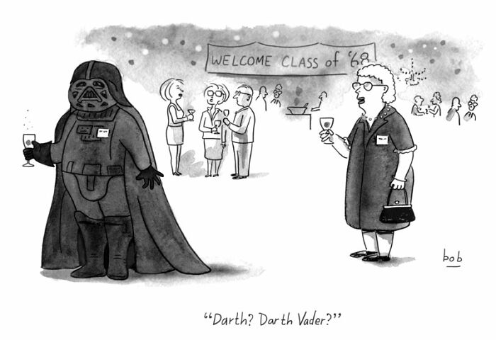 Cartoon of Darth Vader at a class reunion, humorously mistaken for a former classmate.