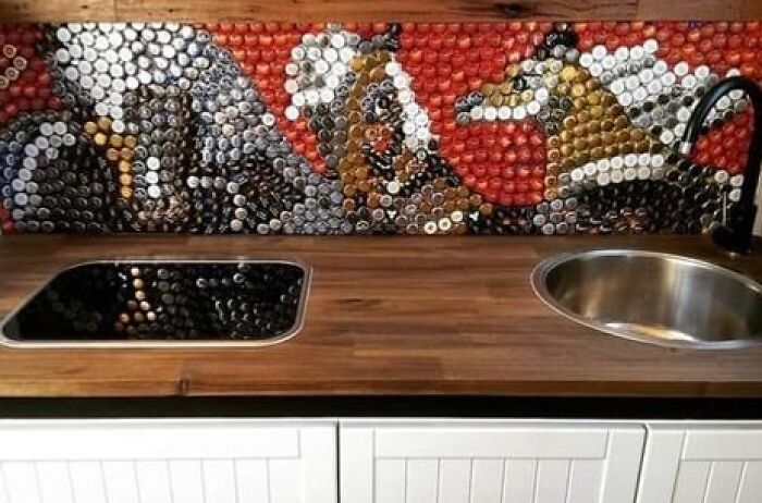 There Was A Post With Someone Wanting To Know What To Do With Bottle Caps? I Did A Splash Back For My Daughter's Tiny House With Beer Bottle Tops