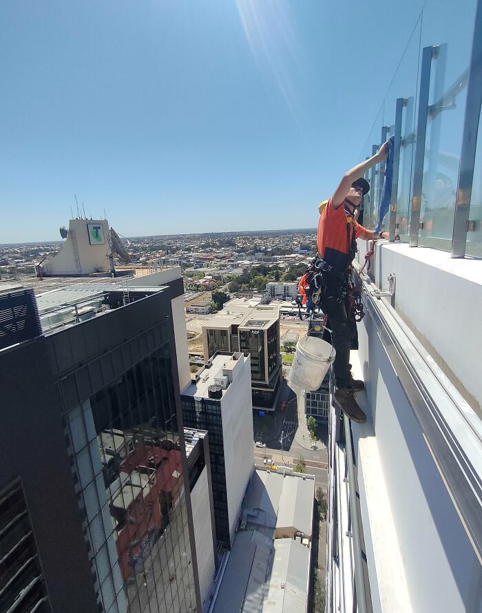 This Is How We Clean The Metal Structure On The Outside Of Glass Balustrade. One Of Our Jobs