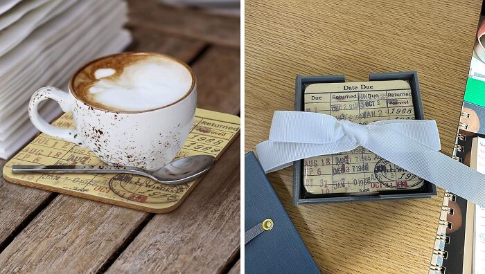 Sip Your Coffee And Dream Of Dewey Decimals With A Library Due Date Card Coaster Set