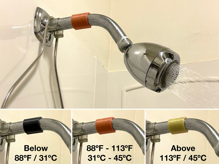 3D Printed Clip-On Temperature Indicator For The Shower Pipe To Show When It's Warm Or Too Hot. I'm Disabled So I Can't Always Tell Temperature With My Hand, And I Didn't Want To Use One Of Those LED Showerheads Because Electricity + Water = Bad