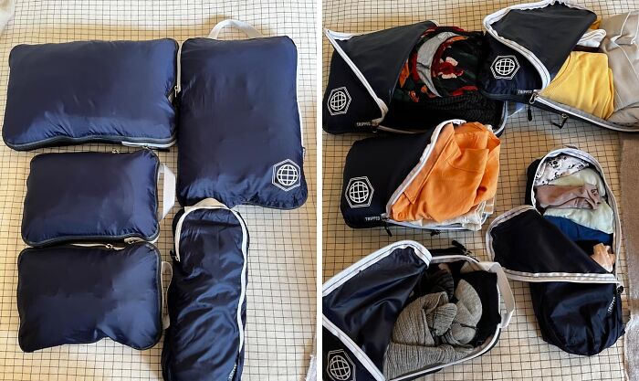 Packing cubes with mini items for minimalist carry-on travel.