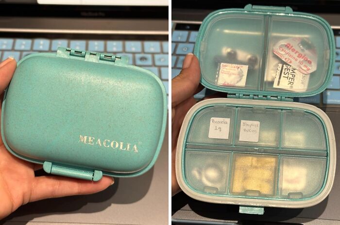 A Travel Pill Organizer  That Fits In The Palm Of Your Hand Is A Must For Any Flights. Especially If You Need To Keep The Dramamine Nearby!