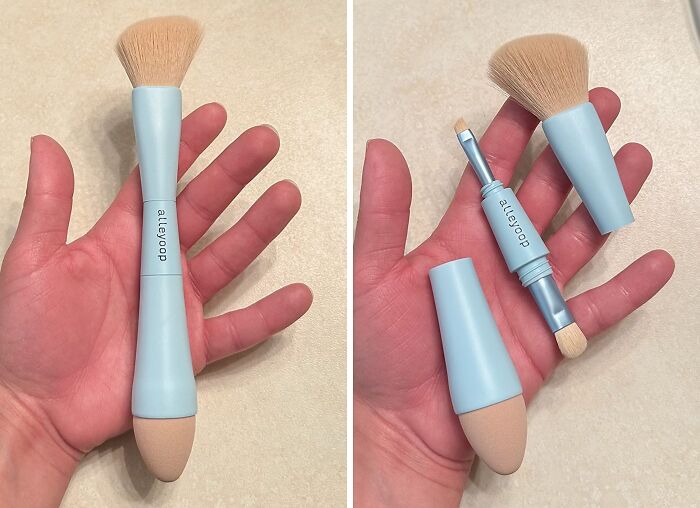 Compact travel makeup brush set fitting in a hand, perfect for minimalist packing in a carry-on.