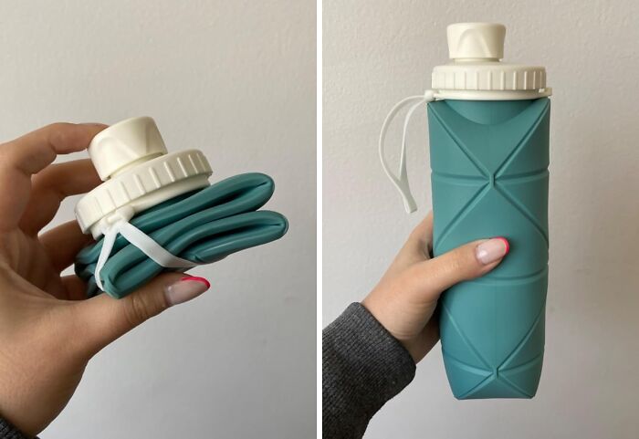 Collapsible water bottle ideal for minimalist carry-on packing; shown folded and expanded.