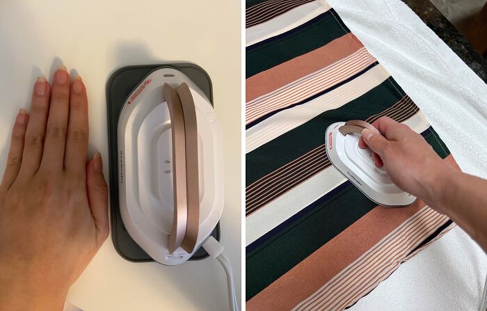 Mini travel iron next to a hand for size comparison, demonstrating minimalist packing for carry-on luggage.