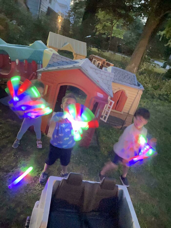 Built The Kids A Village Of Playhouses, All Found On The Curbside, And Those Light Up Foam Batons Were Found Dumpster Diving :)